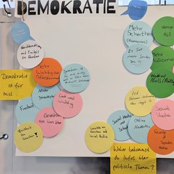 Mehrere bunte Plakate in der Jugendberufshilfe Fechenheim, auf denen Jugendliche ihre Fragen und Antworten zum Thema Demokratie festgehalten haben.